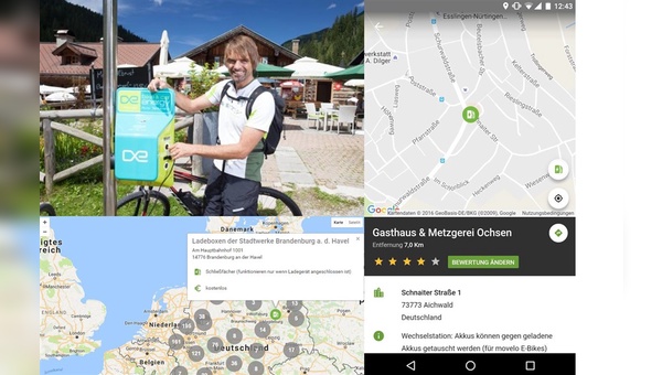 Eine interaktive Karte zeigt E-Bike-Ladestationen in drei Ländern.