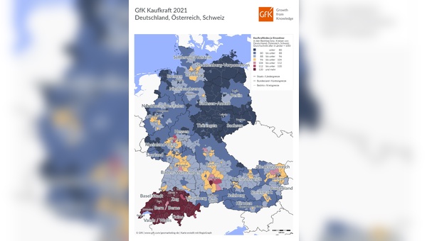 Die regionale Verteilung der Kaufkraft in den DACH-Laendern ist sehr unterschiedlich.