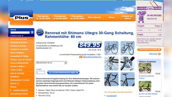 Plus verkauft insbesondere über den Online-Shop auch Fahrräder und Zubehör