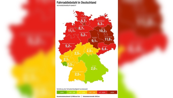 In den Ländern Brandenburg und Bremen werden am häufigsten Räder geklaut.