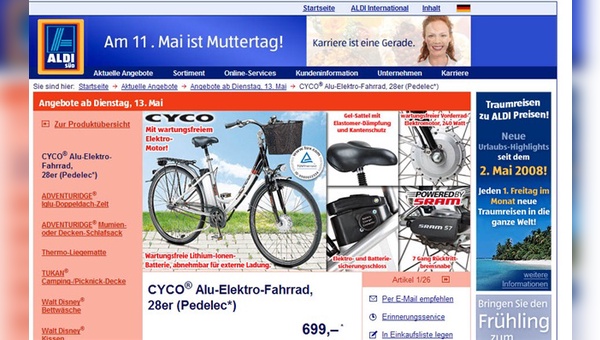 Ab 13. Mai gibt es bei Aldi erstmals Pedelecs zu kaufen.