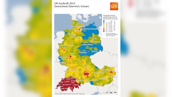 Kaufkraftkarte in der DACH-Region für das Jahr 2015