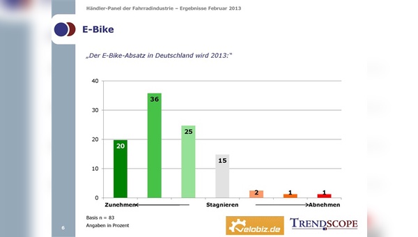 Die Mehrheit der Fahrradhändler rechnet mit weiteren Zuwächsen im E-Bike-Markt.