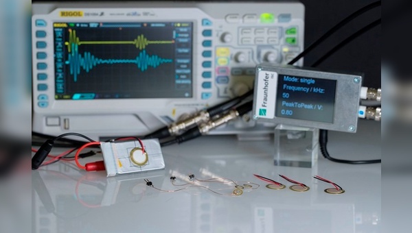 Aufbau für Ladezustandsmessung mit angeschlossener Batteriezelle und Sensoren.