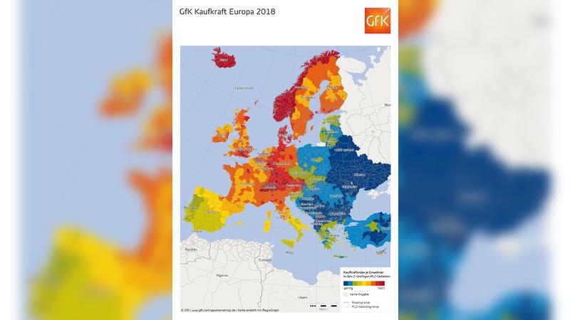 Die Kaufkraft in Europa als bunter Fleckenteppich.