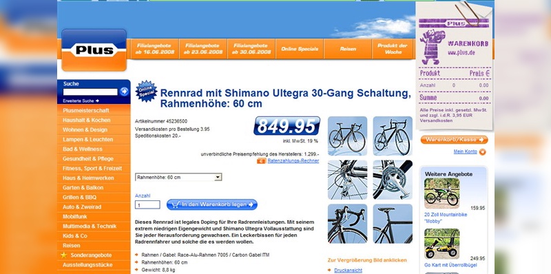 Plus verkauft insbesondere über den Online-Shop auch Fahrräder und Zubehör