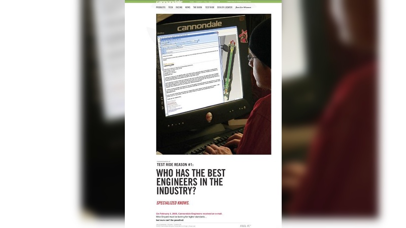 Cannondale nutzt den angeblichen Abwerbeversuch von Ingenieuren für Eigenwerbung.