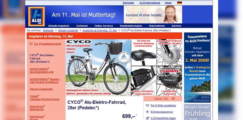 Ab 13. Mai gibt es bei Aldi erstmals Pedelecs zu kaufen.