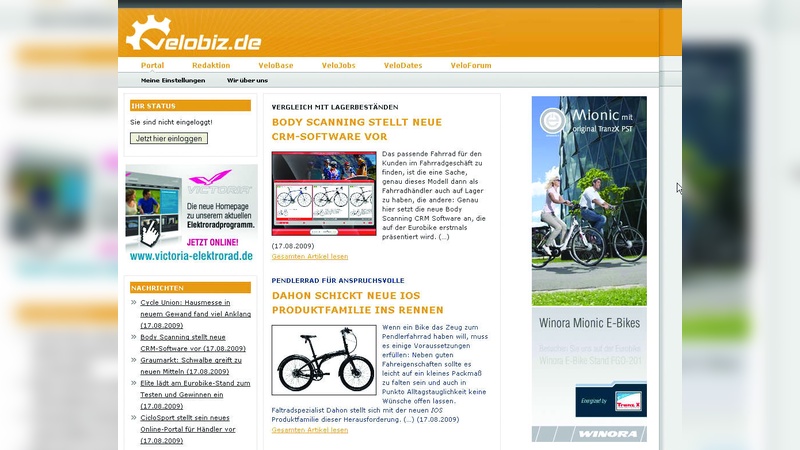 Der Screenshot ist zwar zwei Jahre nach der Gründung von velobiz.de entstanden, spiegelt aber die Optik der ersten Version des Branchenmediums wieder. Der Screenshot ist zwar zwei Jahre nach der Gründung von velobiz.de entstanden, spiegelt aber die Optik der ersten Version des Branchenmediums wieder.