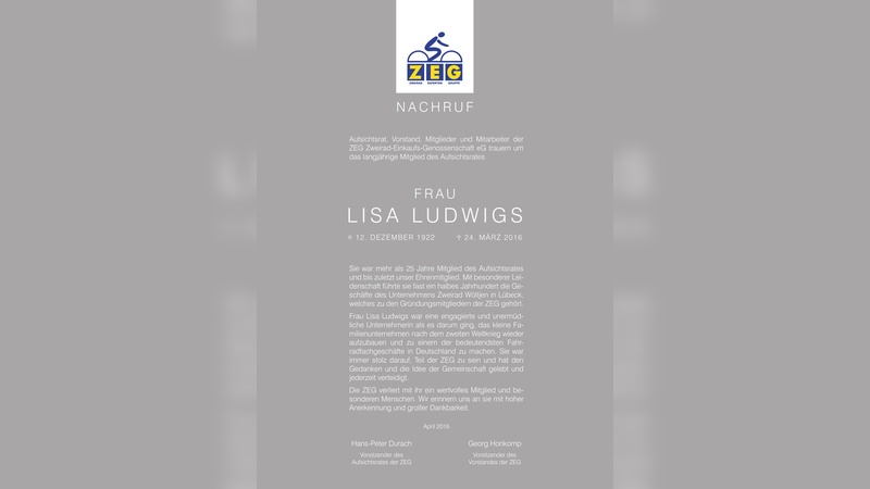 Nachruf der ZEG auf Frau Lisa Ludwigs Nachruf der ZEG auf Frau Lisa Ludwigs