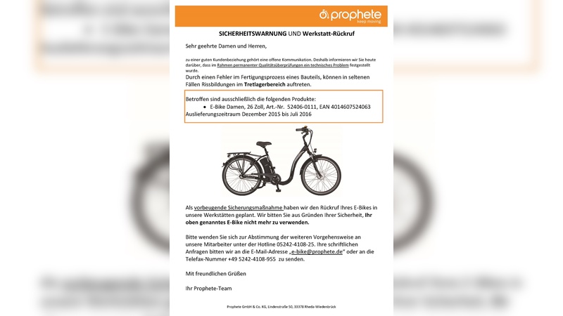 Prophete ruft eines seiner aktuellen E-Bike-Modelle zurück. Prophete ruft eines seiner aktuellen E-Bike-Modelle zurück.