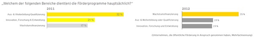 2012 wurden auch in den Bereich Innovation (Forschung und Entwicklung) weniger Fördermittel gesteckt. 19 % der Unternehmen benötigten hierfür Fördermittel (2011: 21%).